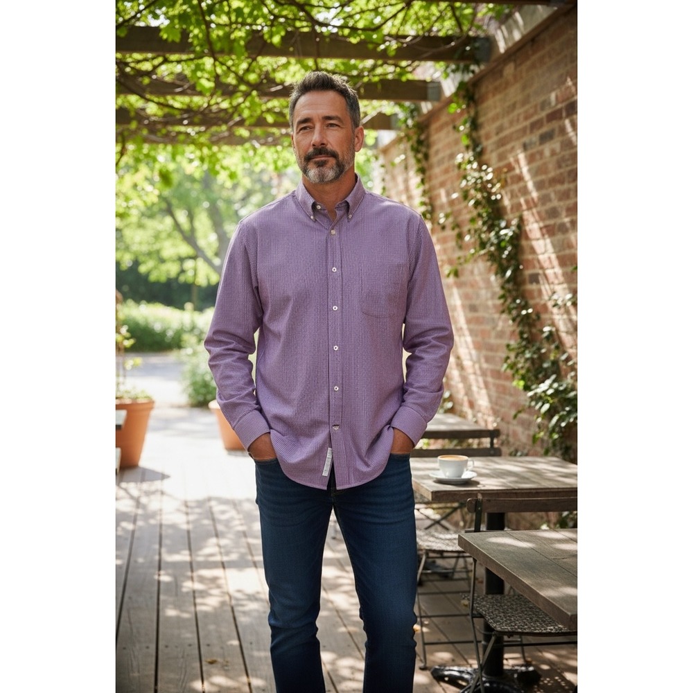 Roundtree & Yorke Mens XLT Button Down Shirt Long Sleeve Purple Stripe Cotton